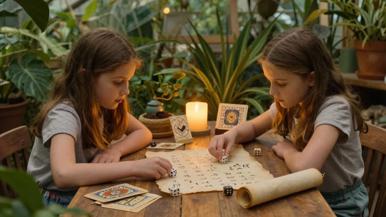Two children at a table in a greenhouse with dice, handmade cards and a rolled parchment covered in secret symbols, warm candlelight, playing together
