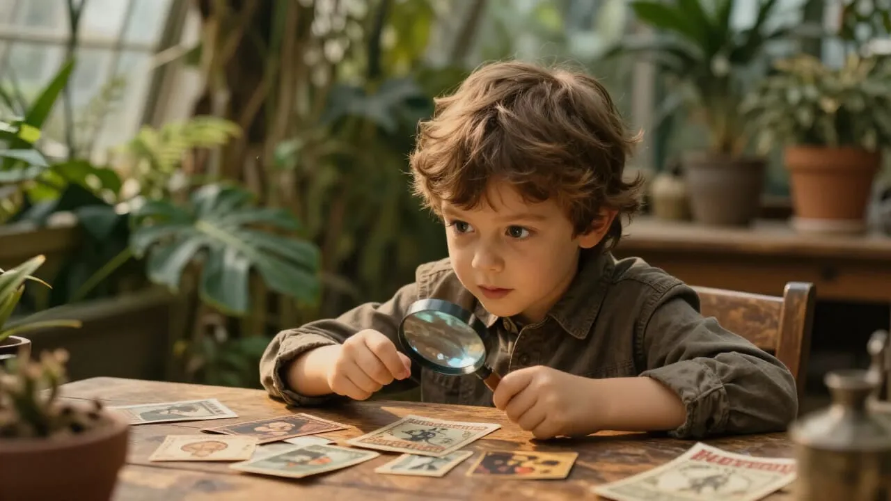 A curious child at a wooden table in a greenhouse examining scattered mystery cards with a magnifying glass