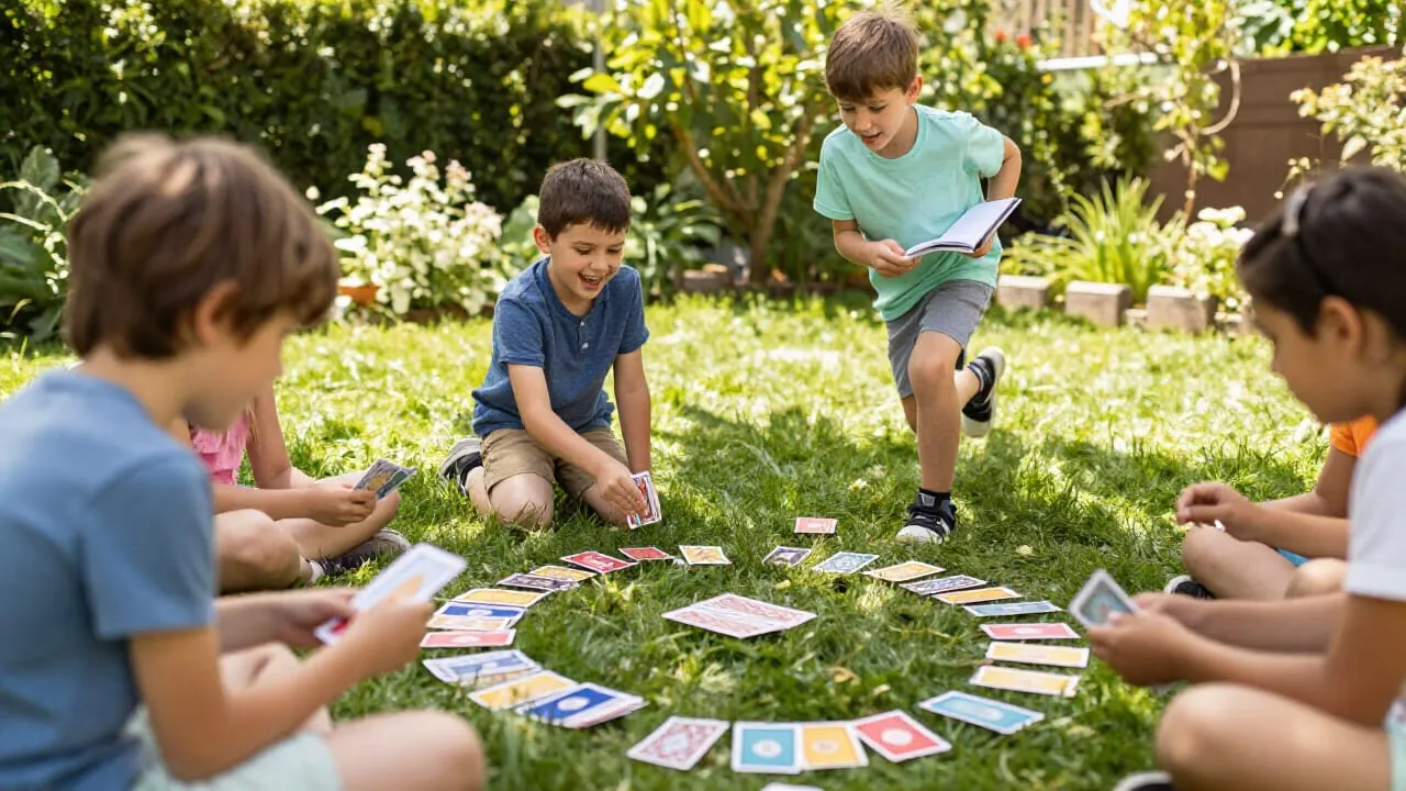 Kids playing an energetic outdoor card game in a sunny garden, colourful cards scattered on green grass, one child chasing others with a notebook, warm summer light,