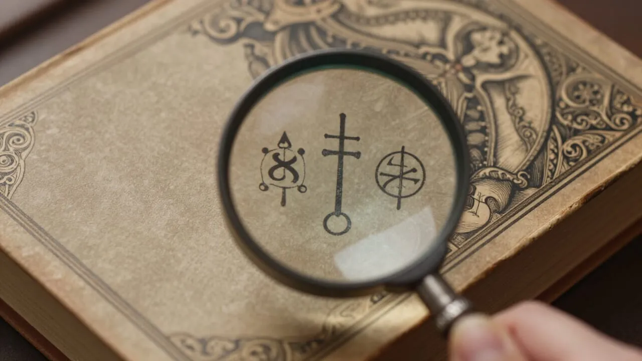 A magnifying glass held over the back of a card, showing three small clues